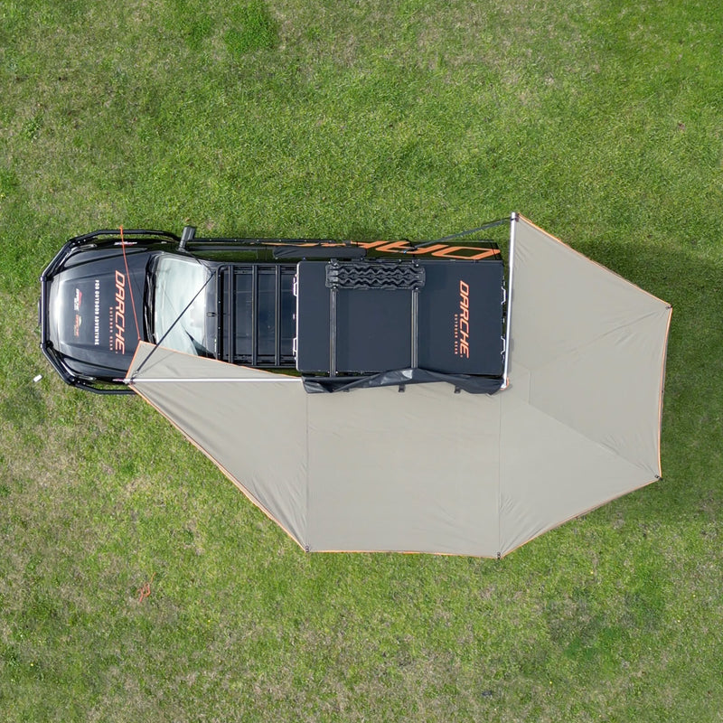Load image into Gallery viewer, Birds eye view of Freestanding 270 Awning on car
